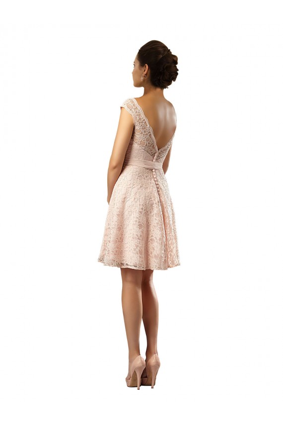 Günstige Rosa A-Linien Illusion Ausschnitt Knielang Chiffon Spitze Kurze Brautjungfernkleider
