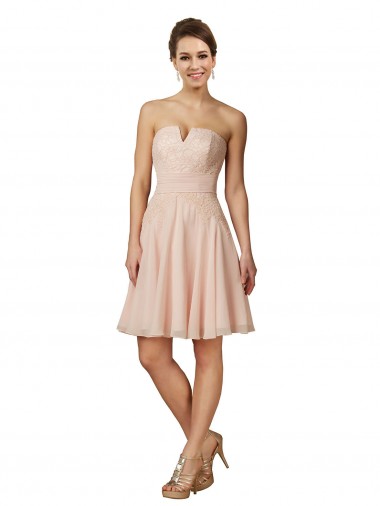 Günstige Rosa A-Linien Knielang Chiffon Spitze Kurze Brautjungfernkleider / Cocktailkleider