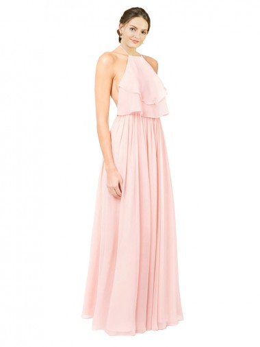 Günstige Rosa A-Linien Neckholder Chiffon Lange Brautjungfernkleider