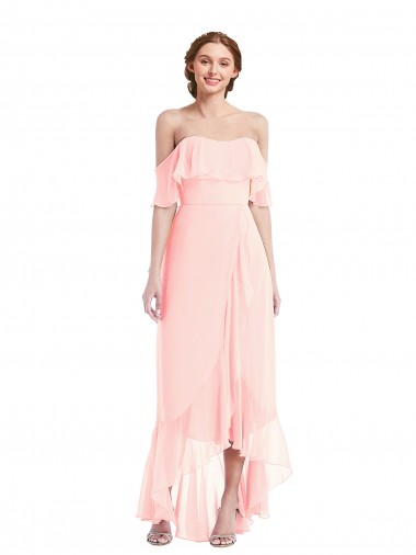 Günstige Rosa A-Linien Off-Schulter Chiffon Lange Brautjungfernkleider