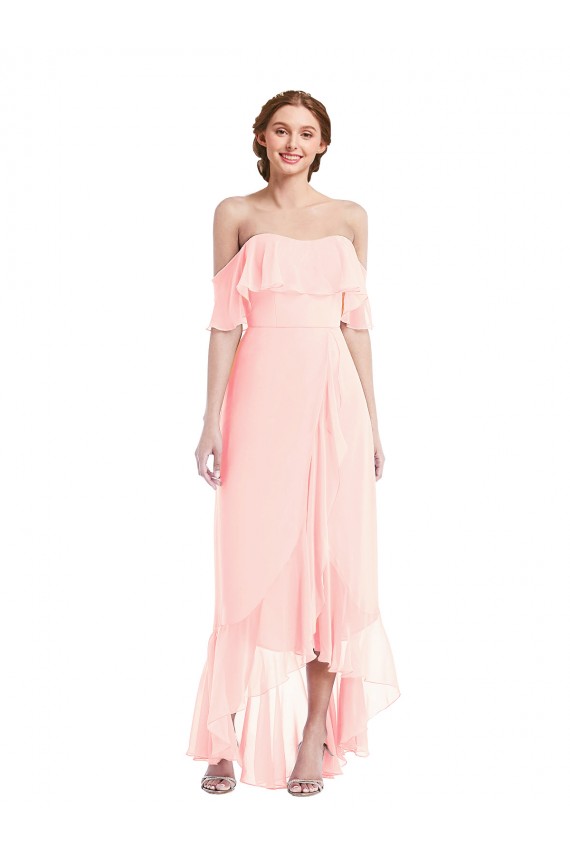 Günstige Rosa A-Linien Off-Schulter Chiffon Lange Brautjungfernkleider