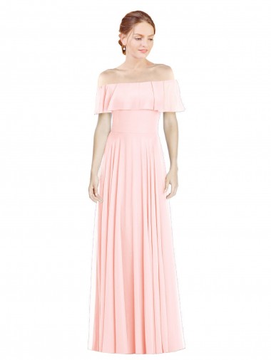 Günstige Rosa A-Linien Off-Schulter Quadrat Ausschnitt Chiffon Lange Brautjungfernkleider