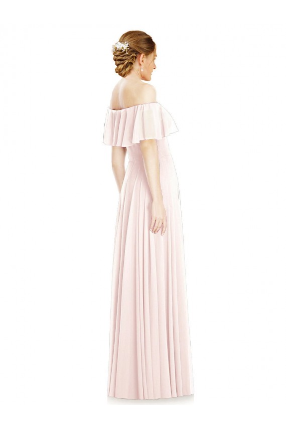 Günstige Rosa A-Linien Off-Schulter Quadrat Ausschnitt Chiffon Lange Brautjungfernkleider