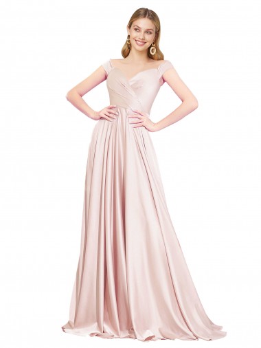 Günstige Rosa A-Linien Off-Schulter Satin Lange Formale Brautjungfernkleider / Abendkleider / Abiballkleider