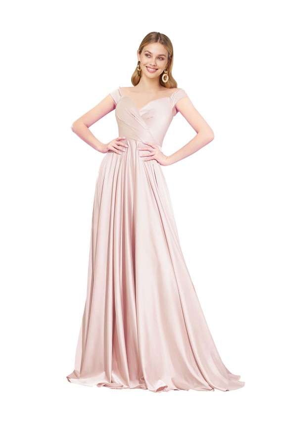 Günstige Rosa A-Linien Off-Schulter Satin Lange Formale Brautjungfernkleider / Abendkleider / Abiballkleider