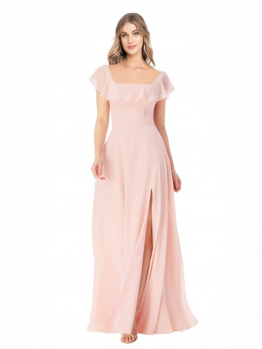 Günstige Rosa A-Linien Quadrat Ausschnitt Chiffon Lange Brautjungfernkleider