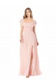 Günstige Rosa A-Linien Quadrat Ausschnitt Chiffon Lange Brautjungfernkleider