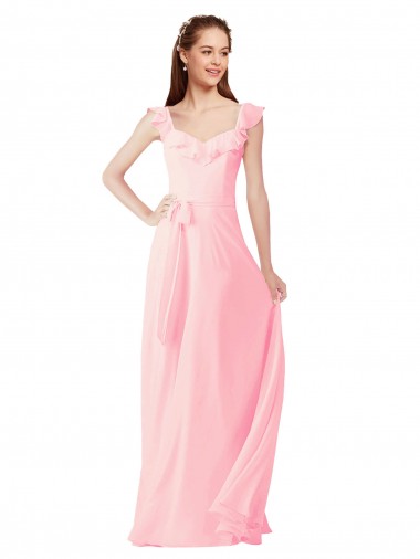 Günstige Rosa A-Linien V-Ausschnitt Chiffon Lange Brautjungfernkleider