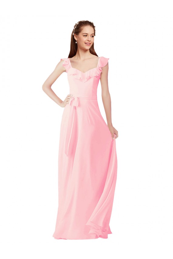 Günstige Rosa A-Linien V-Ausschnitt Chiffon Lange Brautjungfernkleider