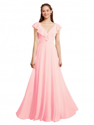 Günstige Rosa A-Linien V-Ausschnitt Chiffon Lange Brautjungfernkleider