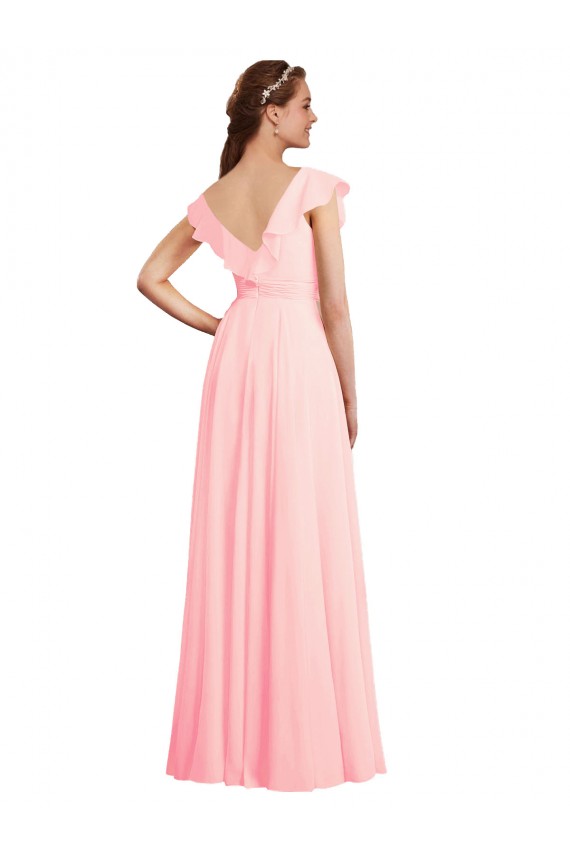 Günstige Rosa A-Linien V-Ausschnitt Chiffon Lange Brautjungfernkleider