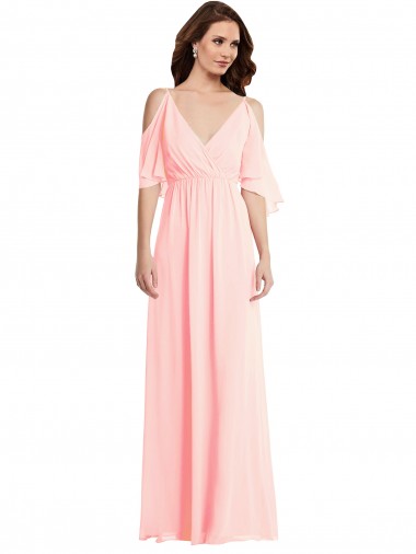 Günstige Rosa A-Linien V-Ausschnitt Chiffon Lange Brautjungfernkleider