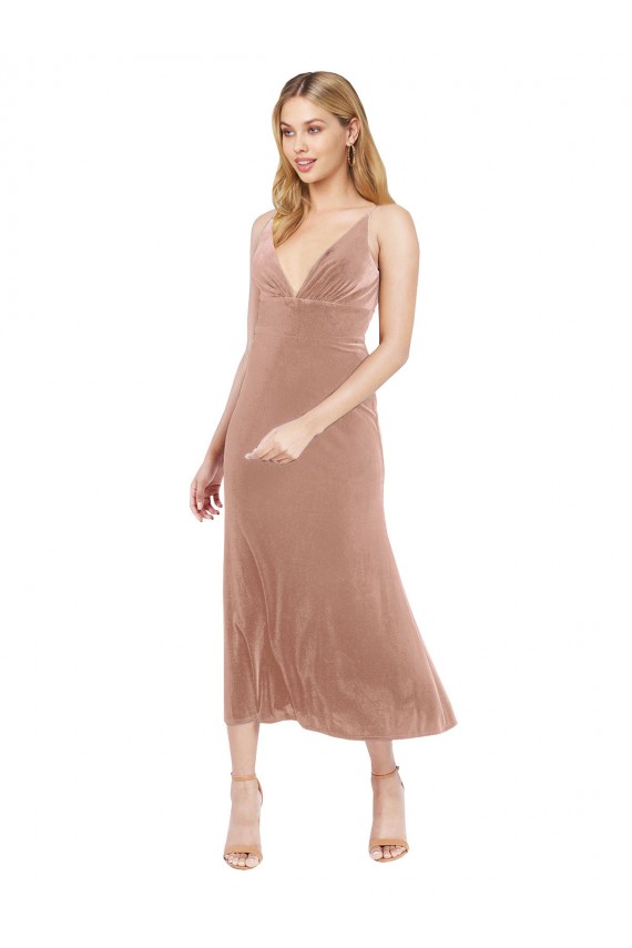 Günstige Rosa A-Linien V-Ausschnitt Midi Stretch-Samt Kurze Brautjungfernkleider / Abiballkleider / Cocktailkleider / Heimkehr Kleider