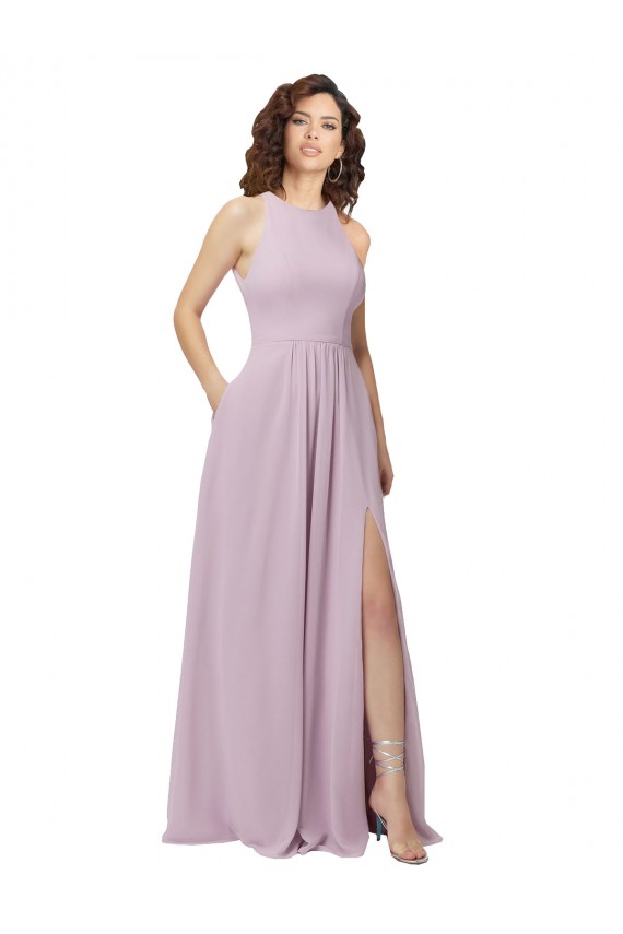 Günstige Rosa Leuchten A-Linien Neckholder Stehkragen Ausschnitt Chiffon Lange Brautjungfernkleider