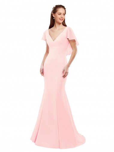 Günstige Rosa Meerjungfrau V-Ausschnitt Chiffon Lange Brautjungfernkleider