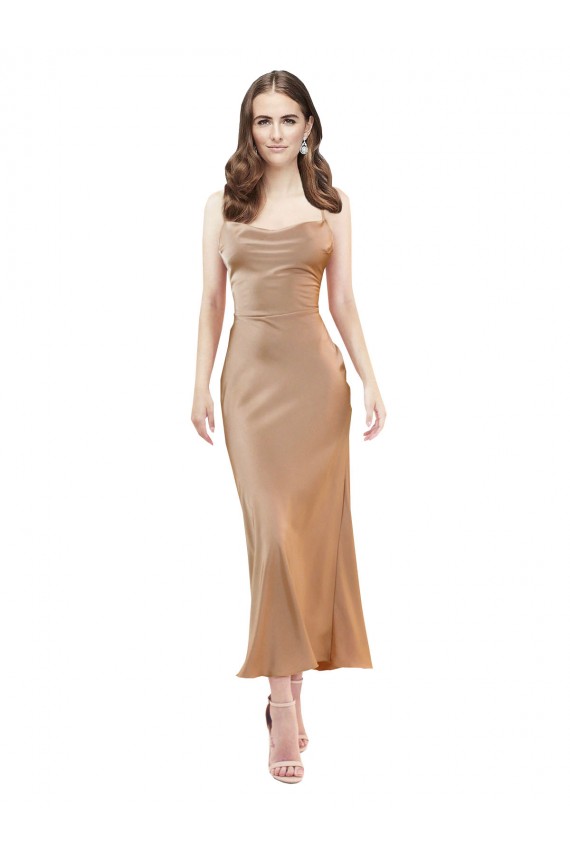 Günstige Roségold Etui Haube Ausschnitt Midi Seidiger Satin Kurze Formale Brautjungfernkleider / Abendkleider / Abiballkleider / Cocktailkleider / Heimkehr Kleider