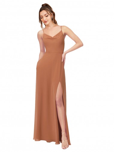 Günstige Rosenholz A-Linien Haube Ausschnitt Chiffon Lange Brautjungfernkleider