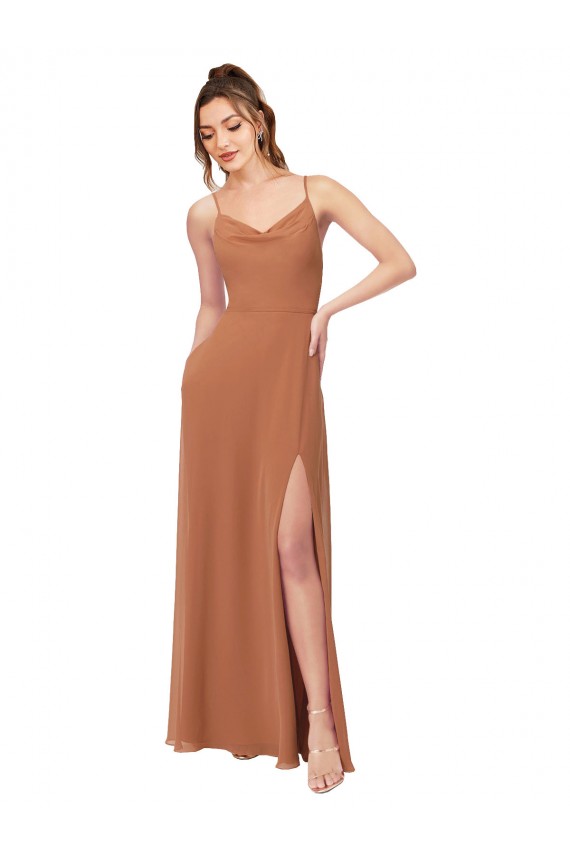 Günstige Rosenholz A-Linien Haube Ausschnitt Chiffon Lange Brautjungfernkleider