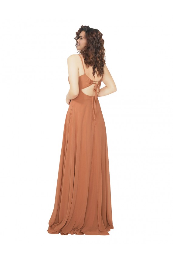 Günstige Rosenholz A-Linien V-Ausschnitt Chiffon Lange Brautjungfernkleider