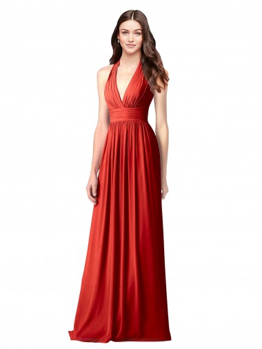 Günstige Rot A-Linien Neckholder V-Ausschnitt Chiffon Lange Brautjungfernkleider