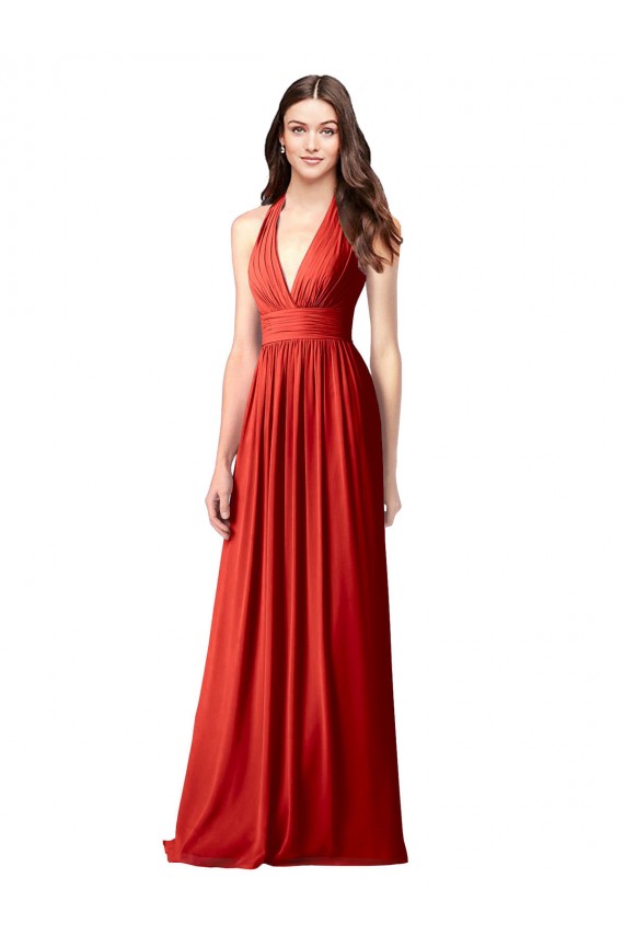 Günstige Rot A-Linien Neckholder V-Ausschnitt Chiffon Lange Brautjungfernkleider