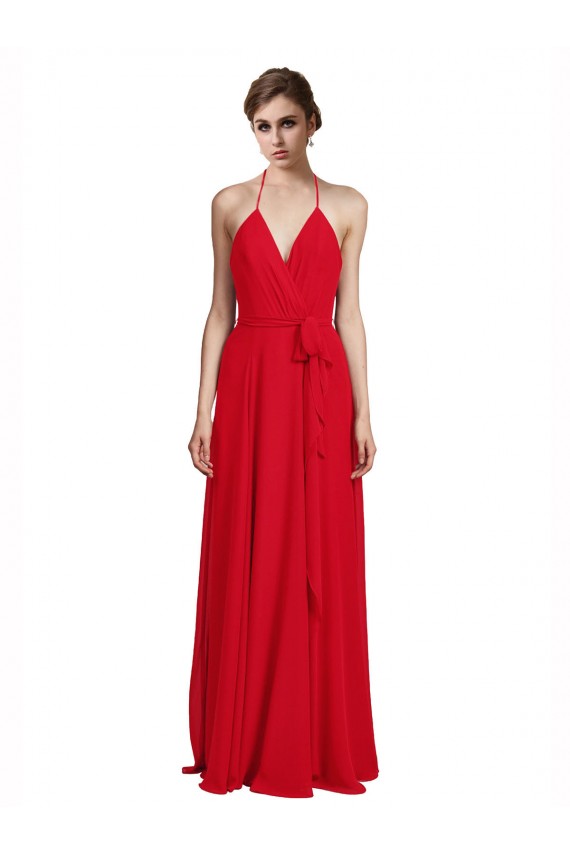 Günstige Rot A-Linien Spaghetti-Träger Neckholder V-Ausschnitt Chiffon Lange Brautjungfernkleider
