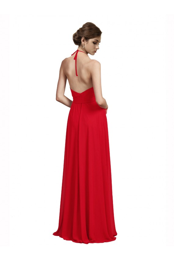 Günstige Rot A-Linien Spaghetti-Träger Neckholder V-Ausschnitt Chiffon Lange Brautjungfernkleider