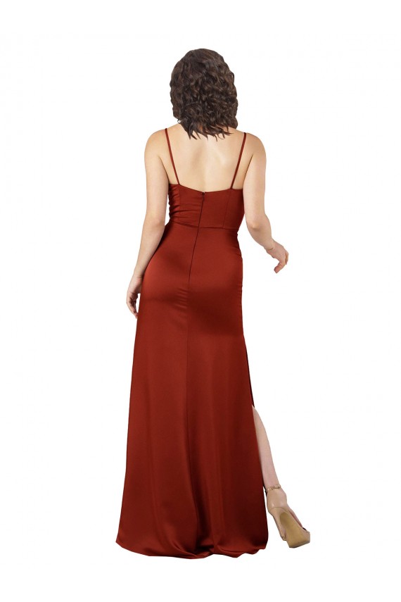 Günstige Rot A-Linien Spaghetti-Träger Quadrat Ausschnitt Seidiger Satin Lange Formale Brautjungfernkleider / Abendkleider / Abiballkleider
