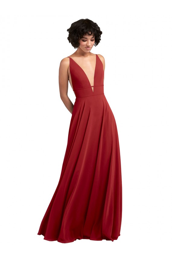 Günstige Rot A-Linien V-Ausschnitt Chiffon Lange Brautjungfernkleider