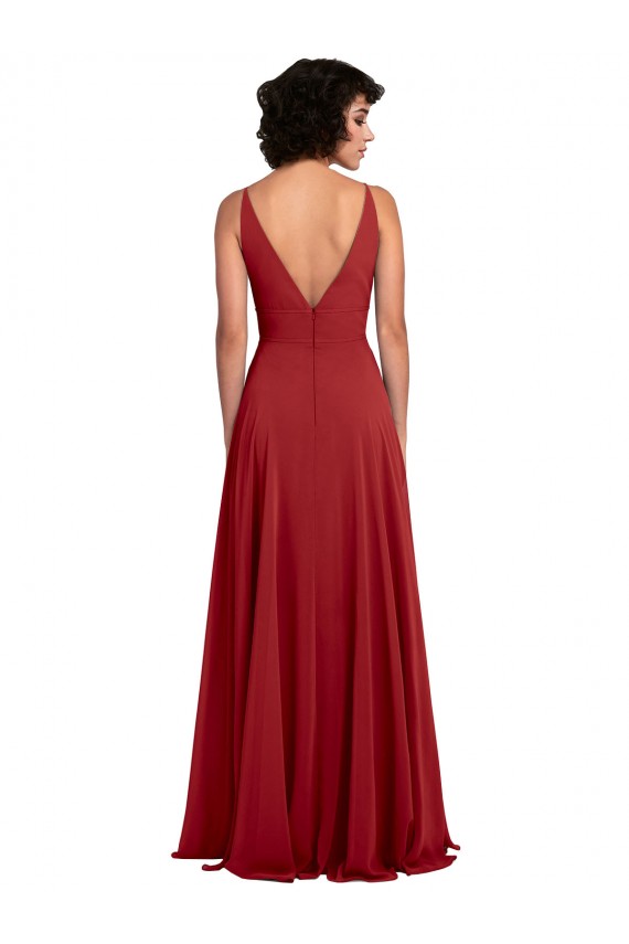 Günstige Rot A-Linien V-Ausschnitt Chiffon Lange Brautjungfernkleider