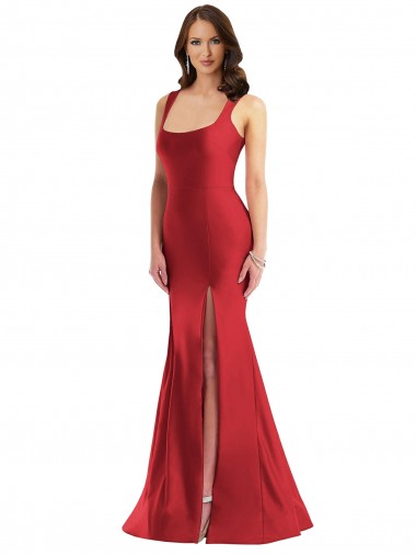 Günstige Rot Meerjungfrau Quadrat Ausschnitt Seidiger Satin Lange Formale Brautjungfernkleider / Abendkleider / Abiballkleider