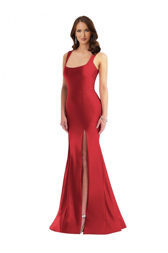 Günstige Rot Meerjungfrau Quadrat Ausschnitt Seidiger Satin Lange Formale Brautjungfernkleider / Abendkleider / Abiballkleider
