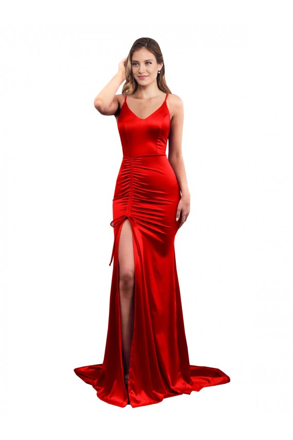Günstige Rot Meerjungfrau Stretch-Satin Lange Formale Brautjungfernkleider / Abendkleider / Abiballkleider