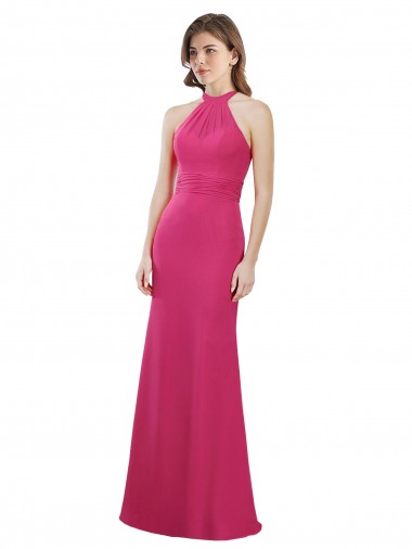 Günstige Rubin A-Linien Neckholder Chiffon Lange Brautjungfernkleider