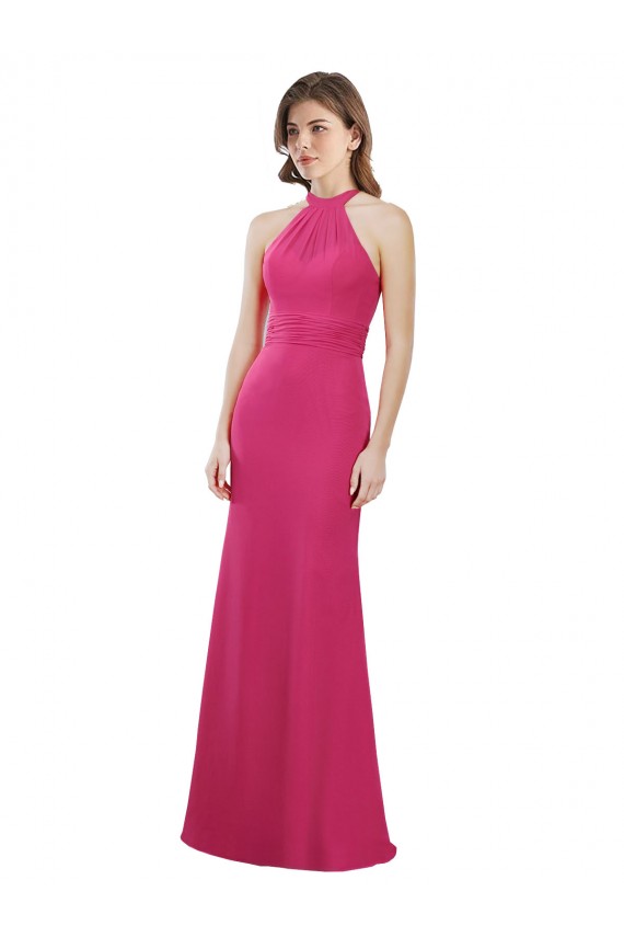 Günstige Rubin A-Linien Neckholder Chiffon Lange Brautjungfernkleider