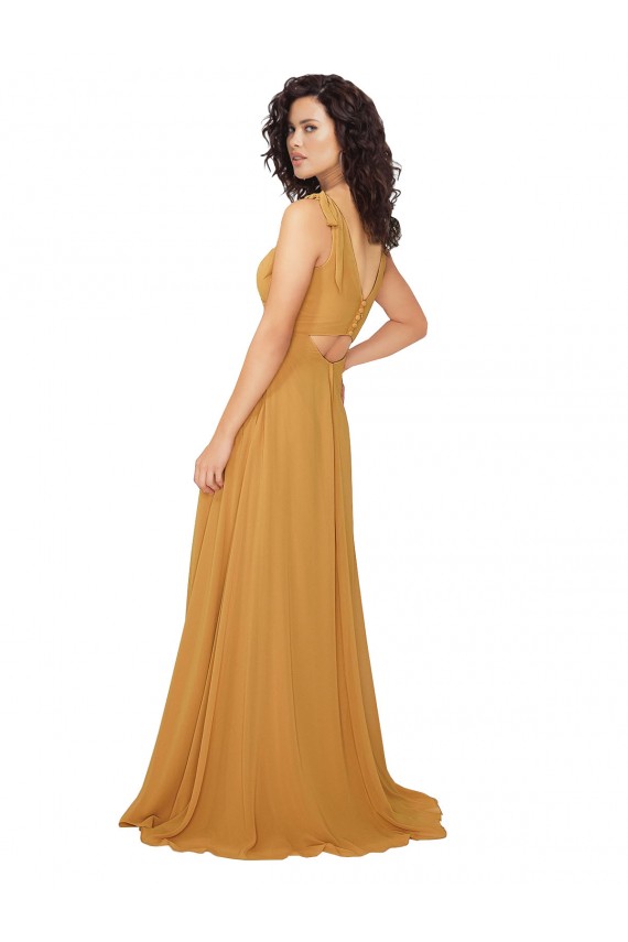 Günstige Safran A-Linien V-Ausschnitt Chiffon Lange Brautjungfernkleider