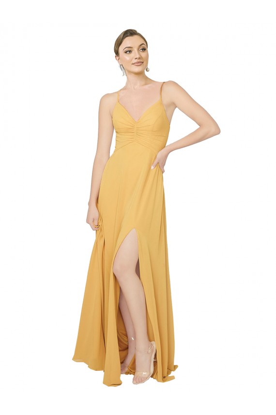 Günstige Safran A-Linien V-Ausschnitt Chiffon Lange Brautjungfernkleider