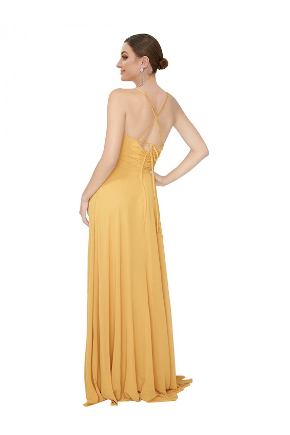 Günstige Safran A-Linien V-Ausschnitt Chiffon Lange Brautjungfernkleider