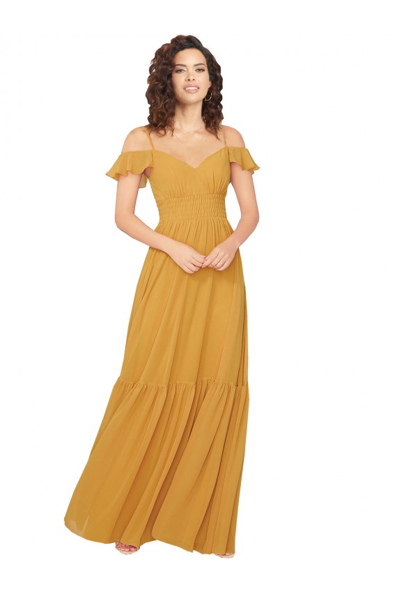 Günstige Safran A-Linien V-Ausschnitt Chiffon Lange Brautjungfernkleider