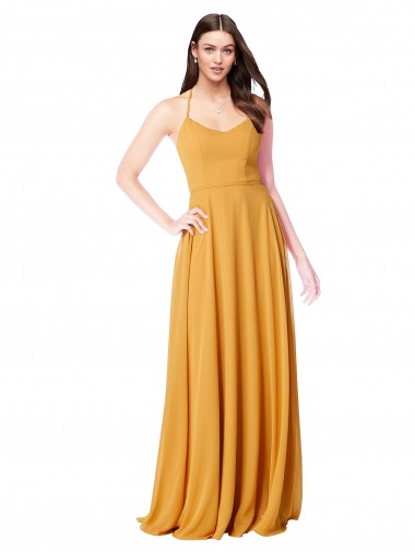 Günstige Safran A-Linien V-Ausschnitt Chiffon Lange Brautjungfernkleider