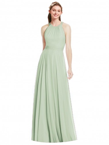 Günstige Salbeigrün A-Linien Neckholder Chiffon Lange Brautjungfernkleider