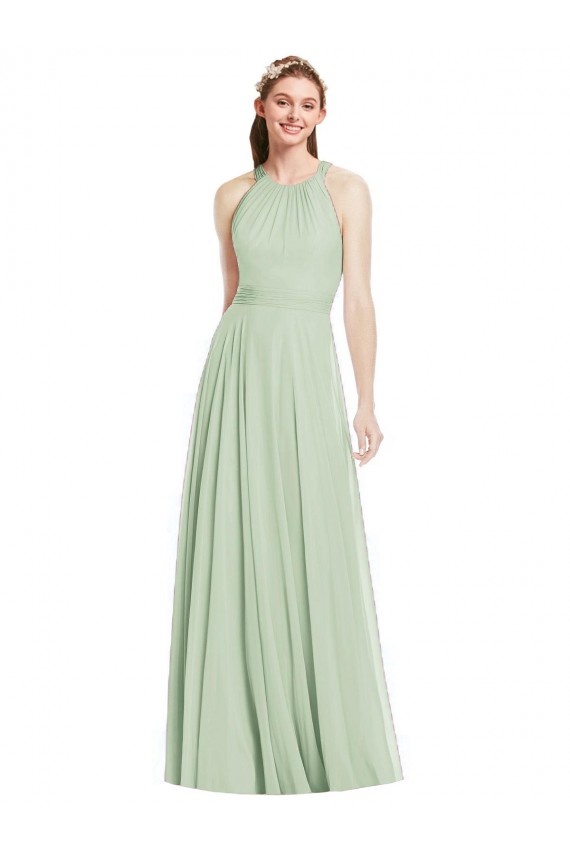 Günstige Salbeigrün A-Linien Neckholder Chiffon Lange Brautjungfernkleider