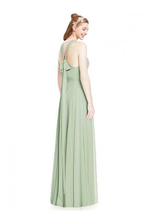 Günstige Salbeigrün A-Linien Neckholder Chiffon Lange Brautjungfernkleider