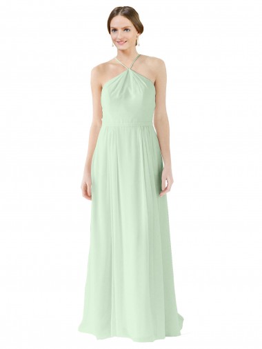 Günstige Salbeigrün A-Linien Neckholder Chiffon Lange Brautjungfernkleider