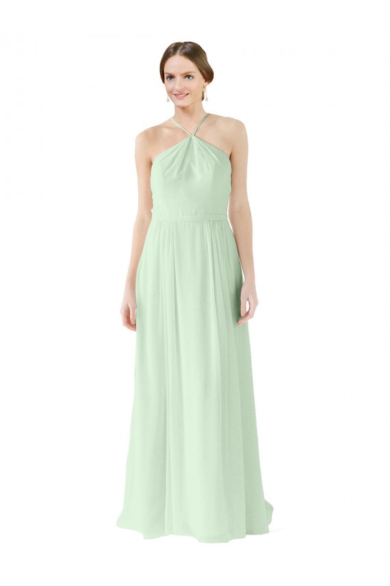 Günstige Salbeigrün A-Linien Neckholder Chiffon Lange Brautjungfernkleider