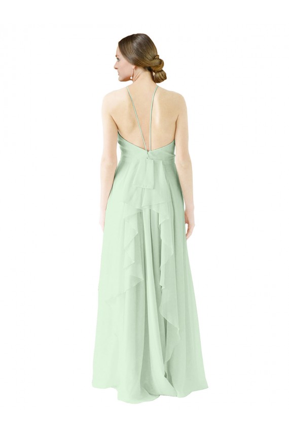 Günstige Salbeigrün A-Linien Neckholder Chiffon Lange Brautjungfernkleider