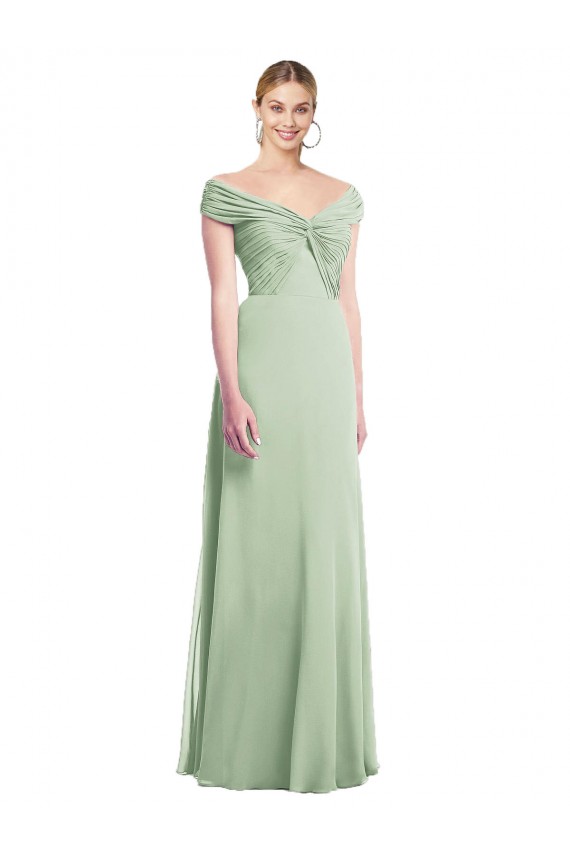 Günstige Salbeigrün Trompete Off-Schulter Chiffon Lange Brautjungfernkleider