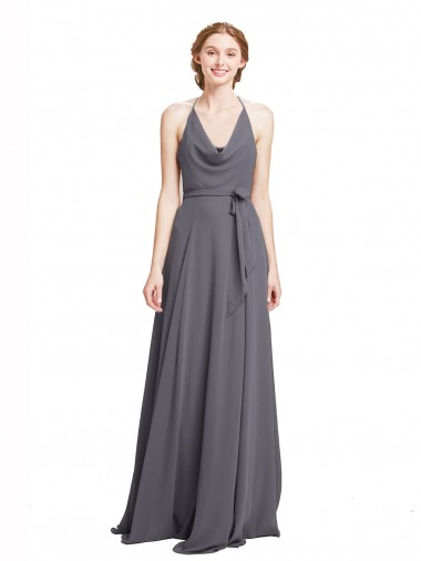 Günstige Schiefergrau A-Linien Spaghetti-Träger Neckholder Chiffon Lange Brautjungfernkleider