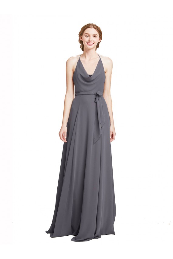 Günstige Schiefergrau A-Linien Spaghetti-Träger Neckholder Chiffon Lange Brautjungfernkleider