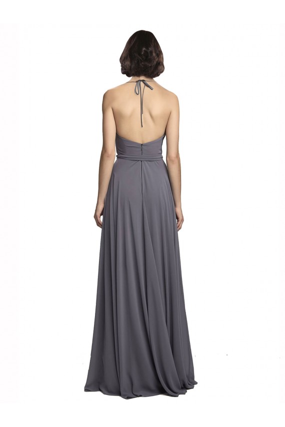 Günstige Schiefergrau A-Linien Spaghetti-Träger Neckholder Chiffon Lange Brautjungfernkleider